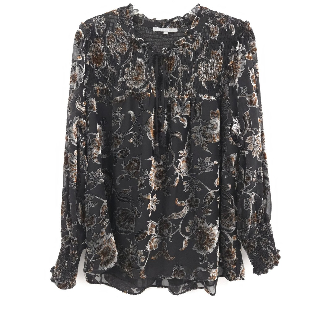 Daniel Rainn Velvet Burnout Blouse Womens XL Black Floral Smocked Top Boho